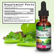 Bottle of Nature's Answer Celery Seed Extract with supplement facts label on a light green background