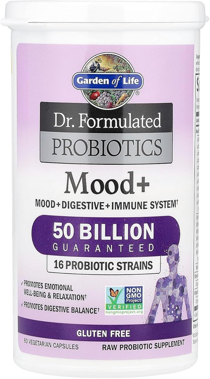 Garden of Life Probiotics Mood+ bottle with 60 vegetarian capsules.