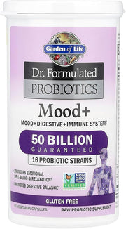 Garden of Life Probiotics Mood+ bottle with 60 vegetarian capsules.