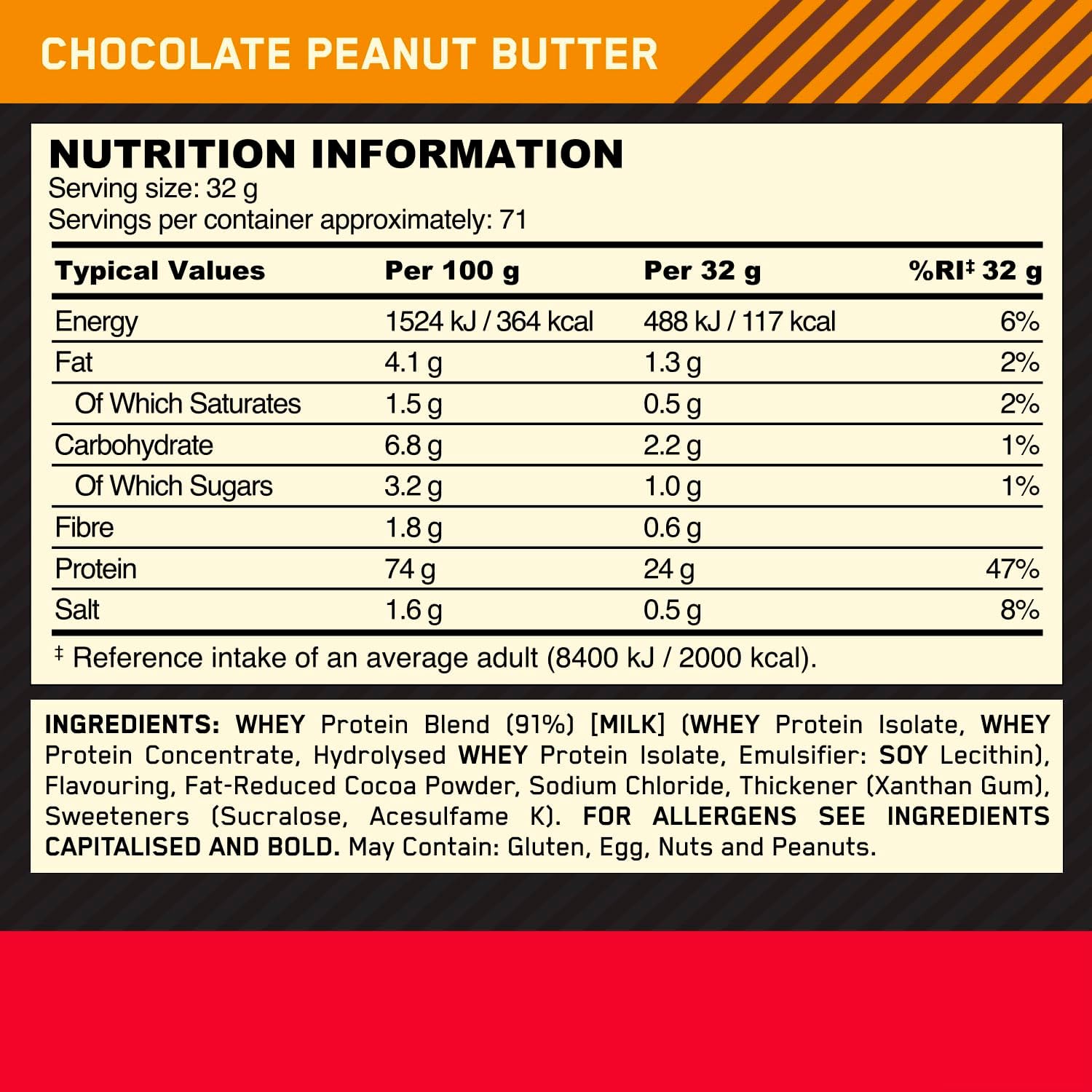 Nutrition information label for chocolate peanut butter with a red and black border.