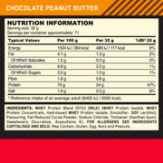 Nutrition information label for chocolate peanut butter with a red and black border.