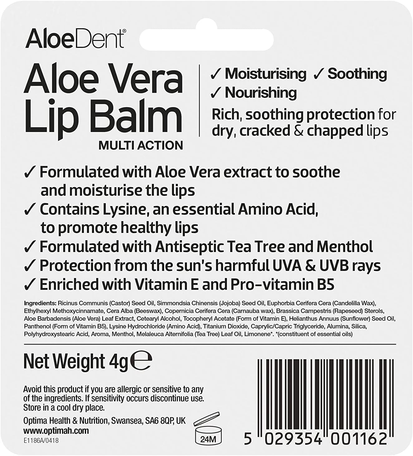 Supplement Facts Image: Aloe Dent Aloe Vera lip balm barcode & ingredients natural formula 4g packaging