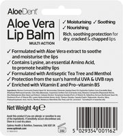 Supplement Facts Image: Aloe Dent Aloe Vera lip balm barcode & ingredients natural formula 4g packaging