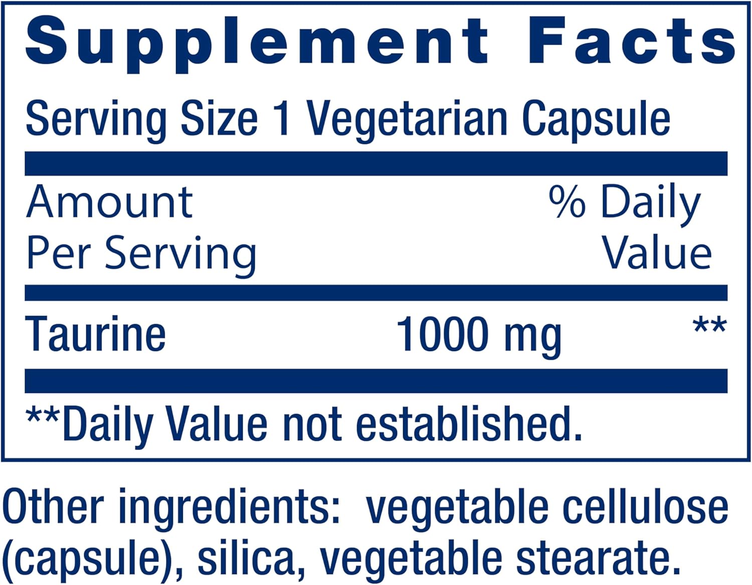 Supplement facts label for Life Extension Taurine showing 1000mg dosage per capsule.