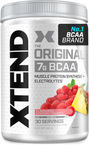 Front image: XTEND Original BCAA Powder Raspberry Pineapple tub powder 441g 30 servings