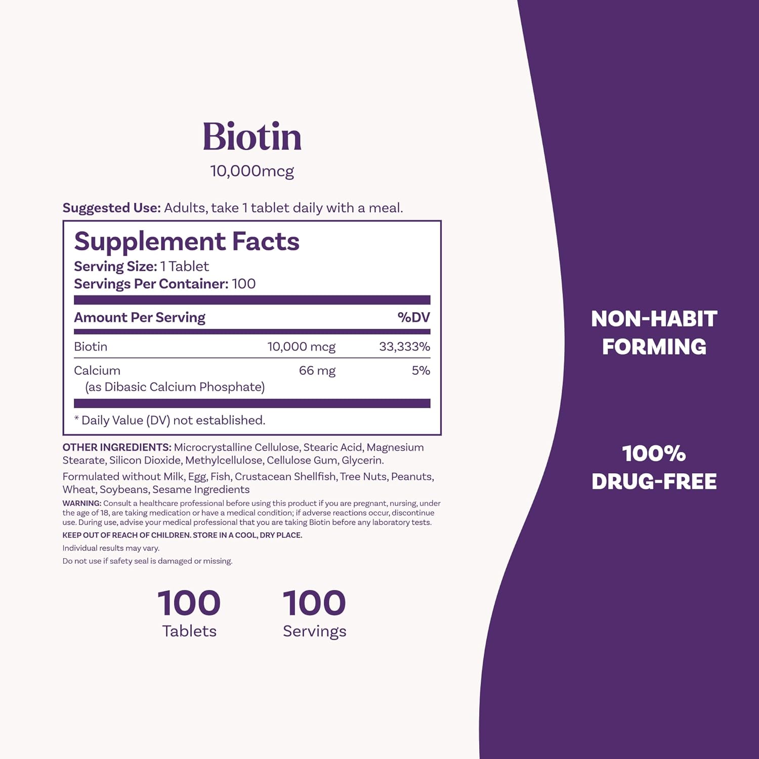 Ingredients and usage instructions for Natrol 10,000mcg Biotin tablets.