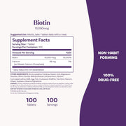 Ingredients and usage instructions for Natrol 10,000mcg Biotin tablets.