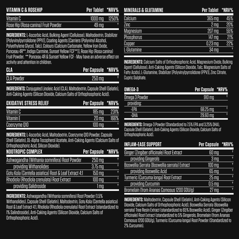 Nutritional supplement label with detailed ingredient lists and nutritional information on a black background.