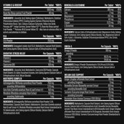 Nutritional supplement label with detailed ingredient lists and nutritional information on a black background.