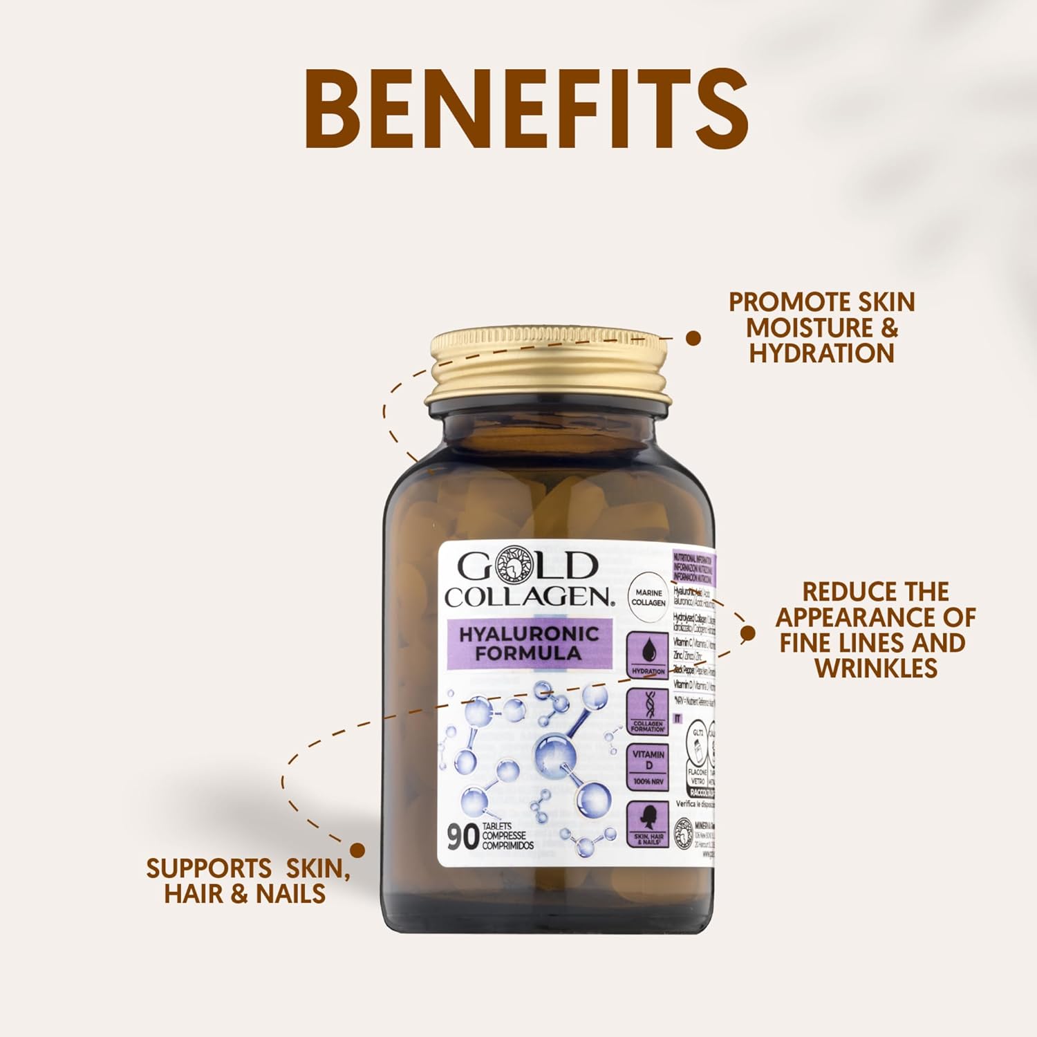 Gold Collagen supplement bottle with benefits listed on a light background