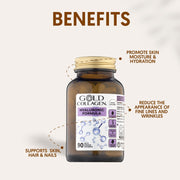 Gold Collagen supplement bottle with benefits listed on a light background