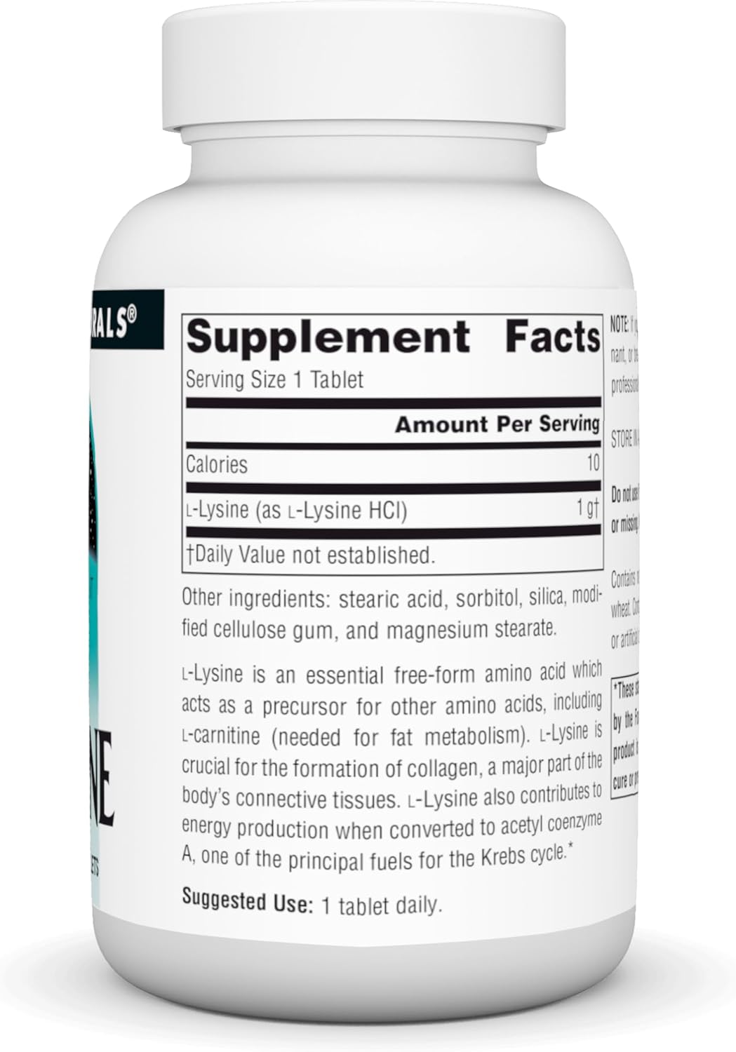 Supplement facts & ingredients image: Source Naturals L-Lysine 1000mg free form tablets ingredient panel 50 count