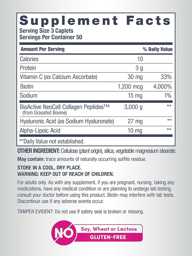 Supplement facts panel for NeoCell Beauty Builder collagen caplets.