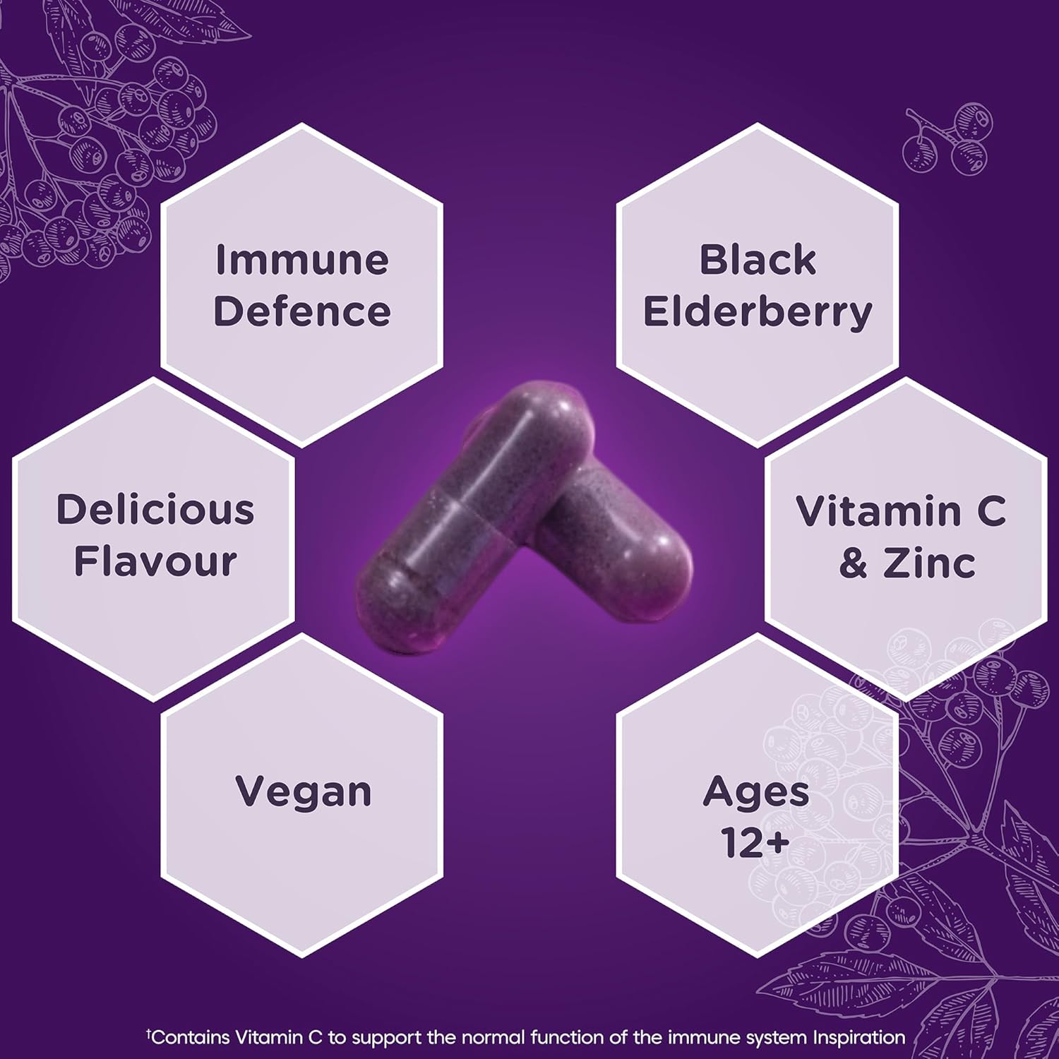 Purple supplement capsules with text on a purple background