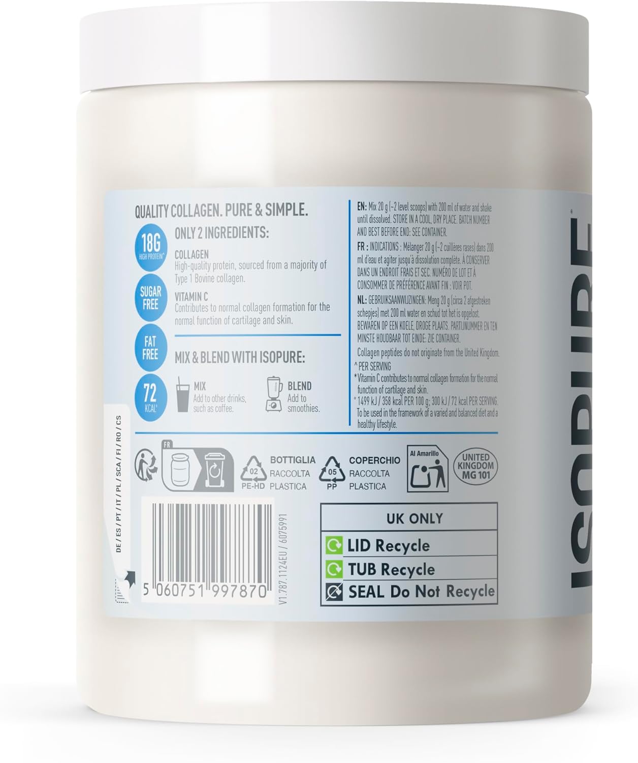 Barcode and product details for Isopure Collagen.