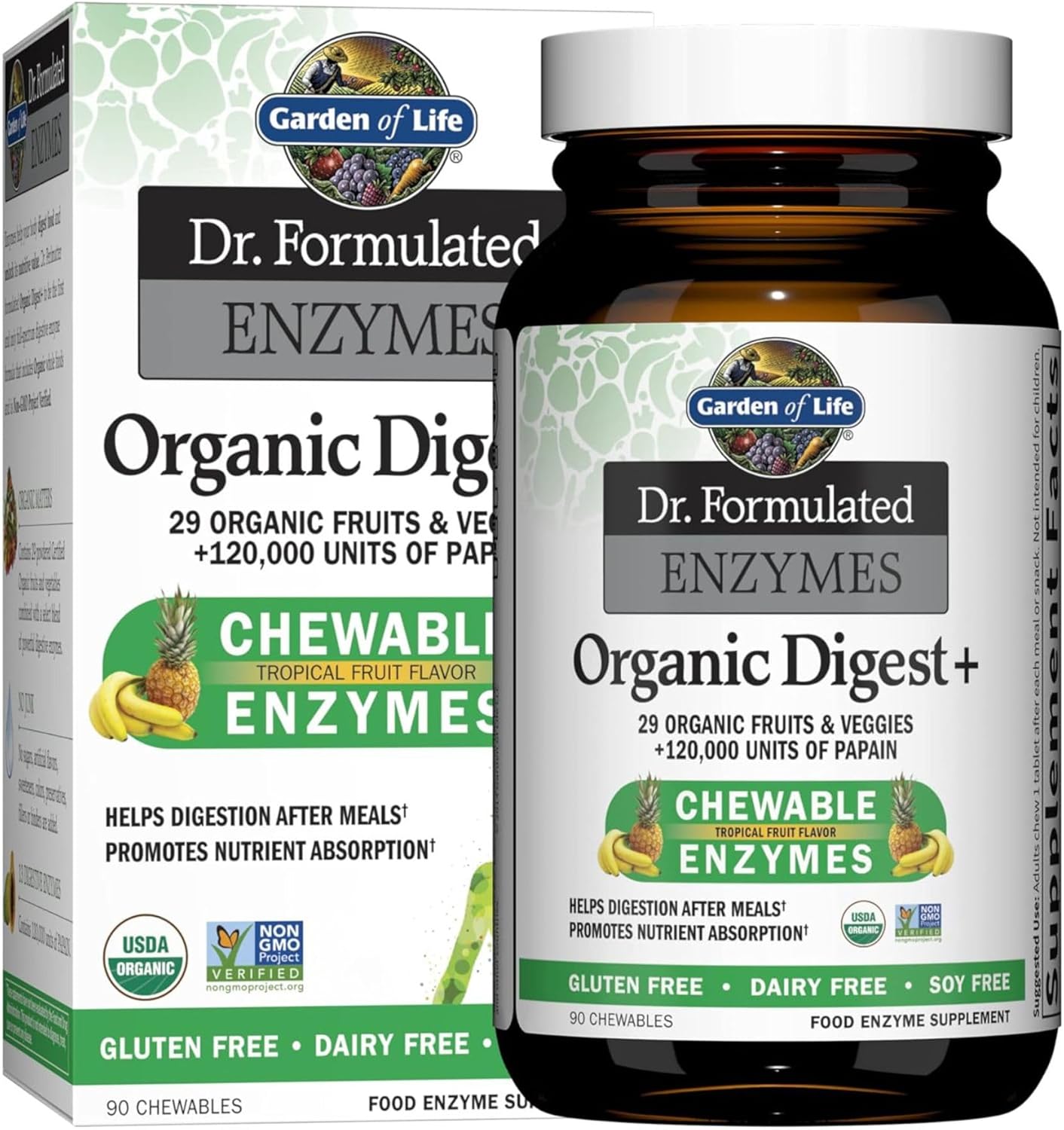 Garden of Life Dr. Formulated Organic Digest+ bottle & box, 90 chewable tablets.

