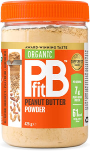 Front image: PBfit Organic Peanut Butter Powder peanut flour natural spread 425g tub