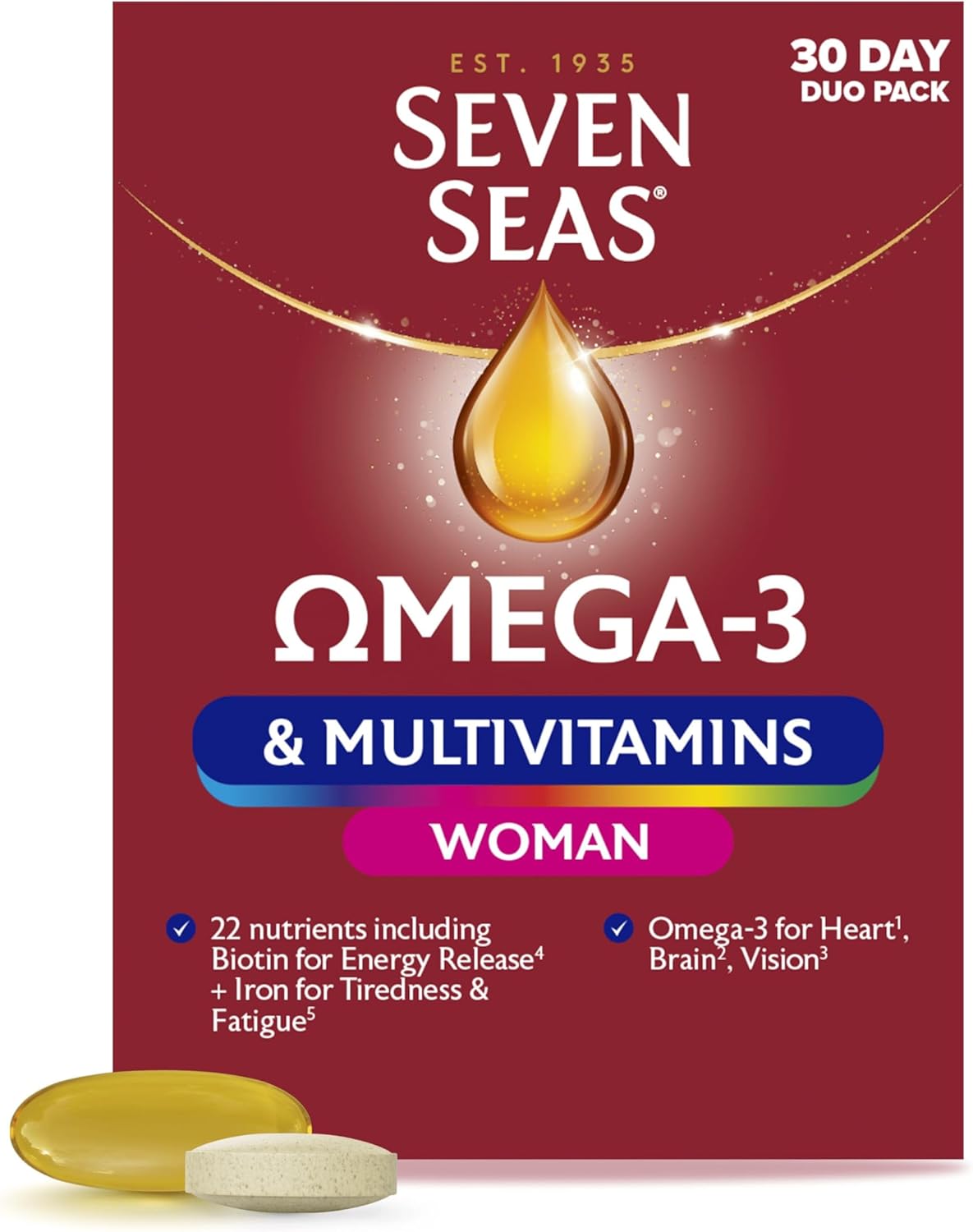 Seven Seas Omega-3 & Multivitamins for Women 30-Day Duo Pack box.