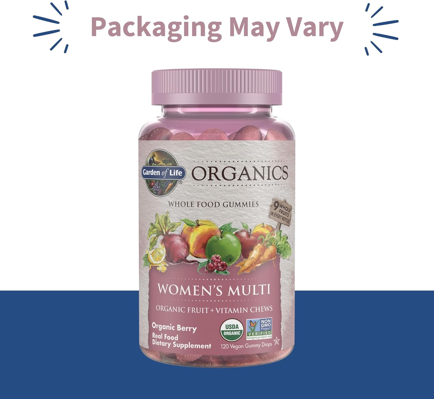 Garden of Life Organics Women's Berry Gummy Vitamins bottle, 120 count.