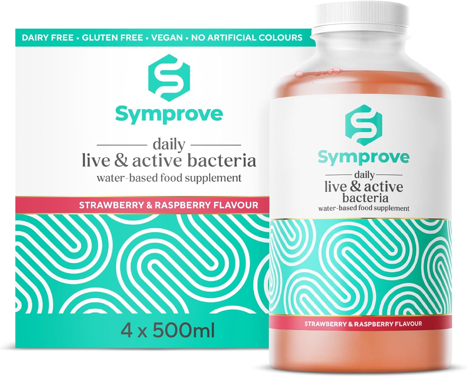 Symprove Liquid Probiotic Strawberry Raspberry Flavour 4 x 500ml multipack bottles live active bacteria supplement front view