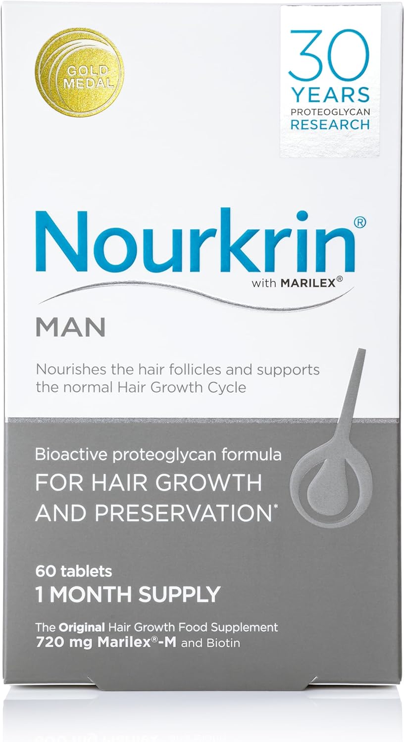 Nourkrin Man Hair Support Supplement box with 60 tablets on white background.
