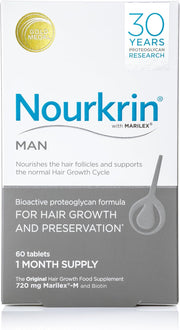 Nourkrin Man Hair Support Supplement box with 60 tablets on white background.
