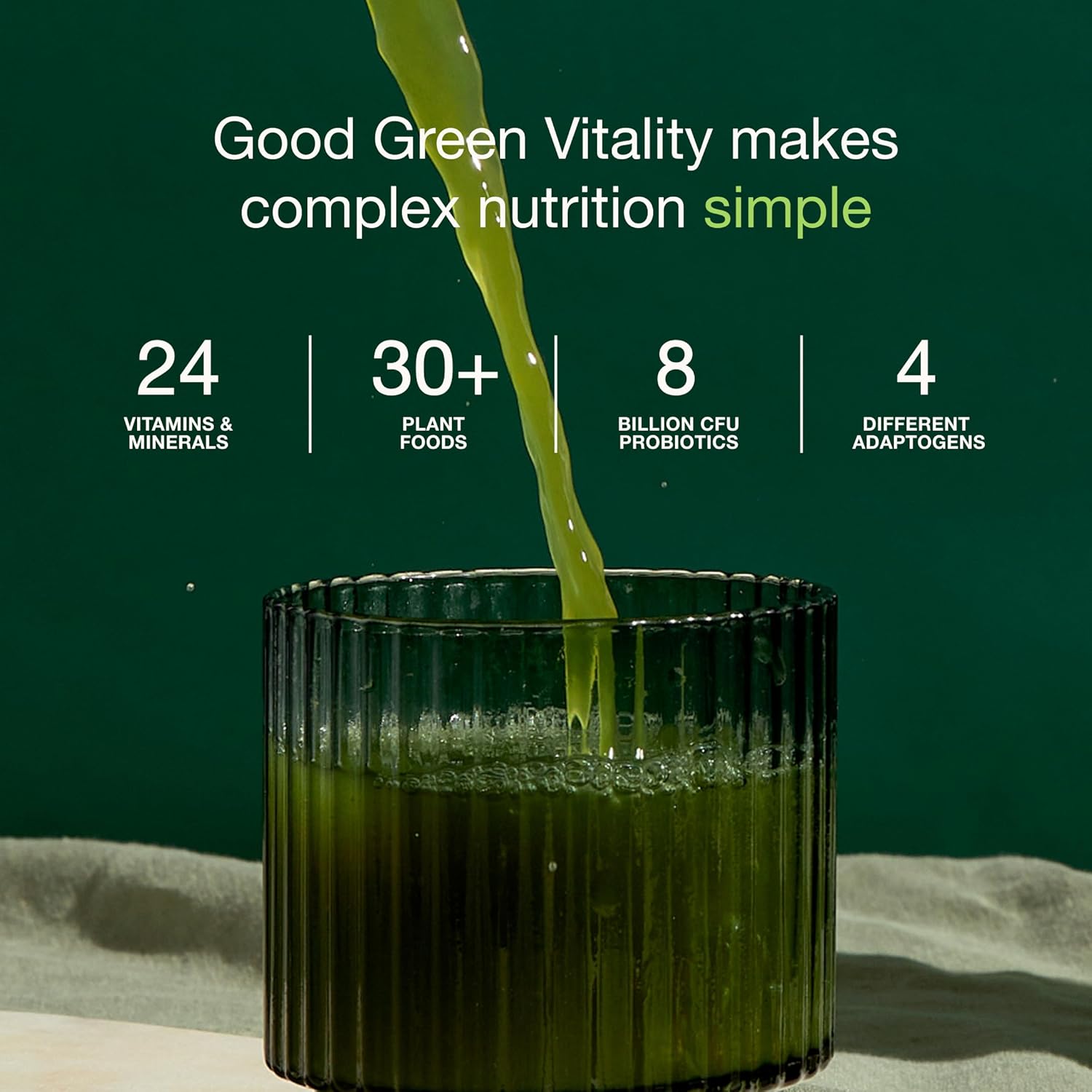 Mixed green Good Green Vitality drink in a glass with formulation