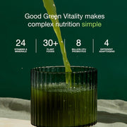 Mixed green Good Green Vitality drink in a glass with formulation