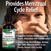Bottle of Chasteberry Vitex Agnus Castus with a woman holding her face, text about menstrual cycle relief and product features.