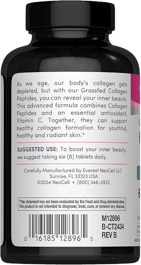 Supplement facts panel and barcode  for NeoCell collagen and vitamin C tablets.
