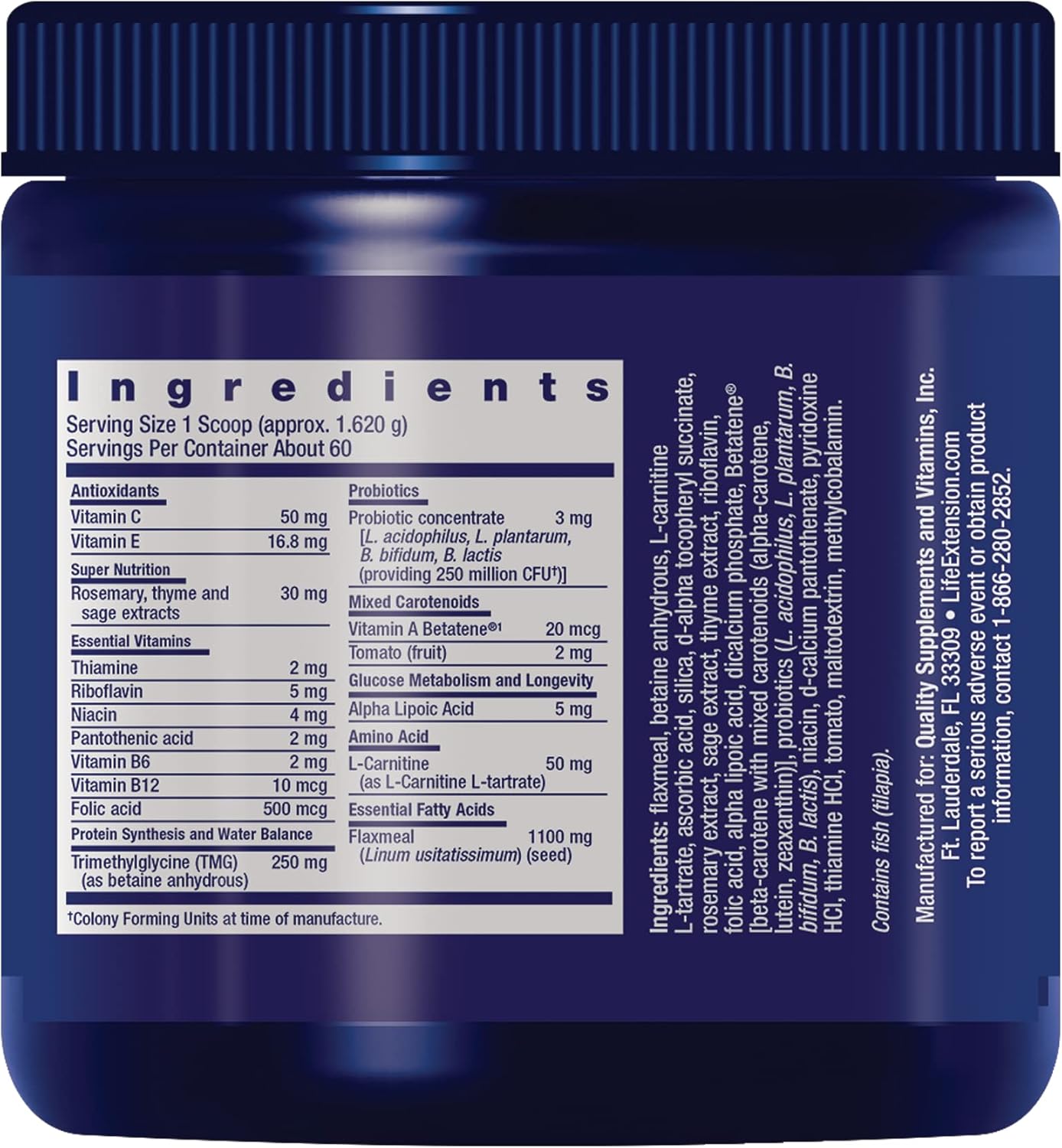 Label of Life Extension Dog Mix powder showing ingredient list and feeding guide.