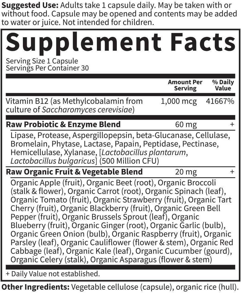 Supplement facts and ingredient list for Raw B-12 vitamin.