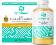 Symprove Liquid Probiotic Mango Passionfruit Flavour 4 x 500ml multipack bottles live active bacteria supplement front view