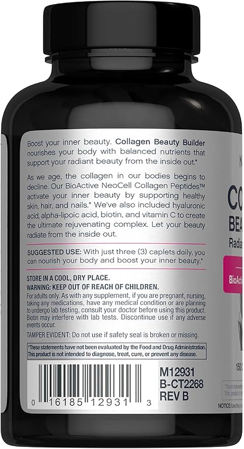 Supplement facts panel and barcode for NeoCell Beauty Builder collagen caplets.