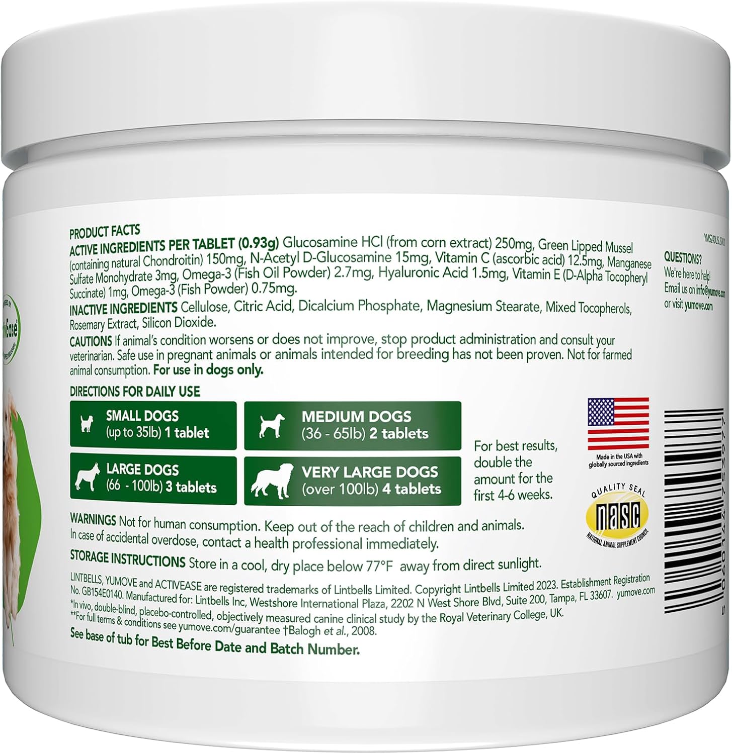 Ingredients and feeding guide for YuMOVE Senior Dog joint tablets, 240-count.