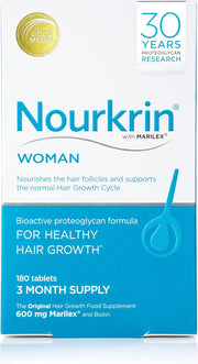 Nourkrin Woman Hair Support Supplement box with 180 tablets on white background.