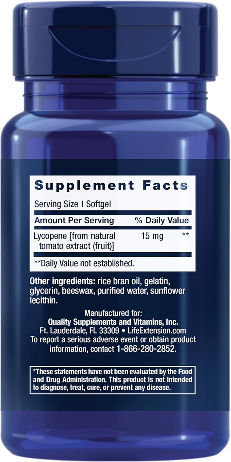 Life Extension Mega Lycopene 15mg 90 softgels supplement facts label