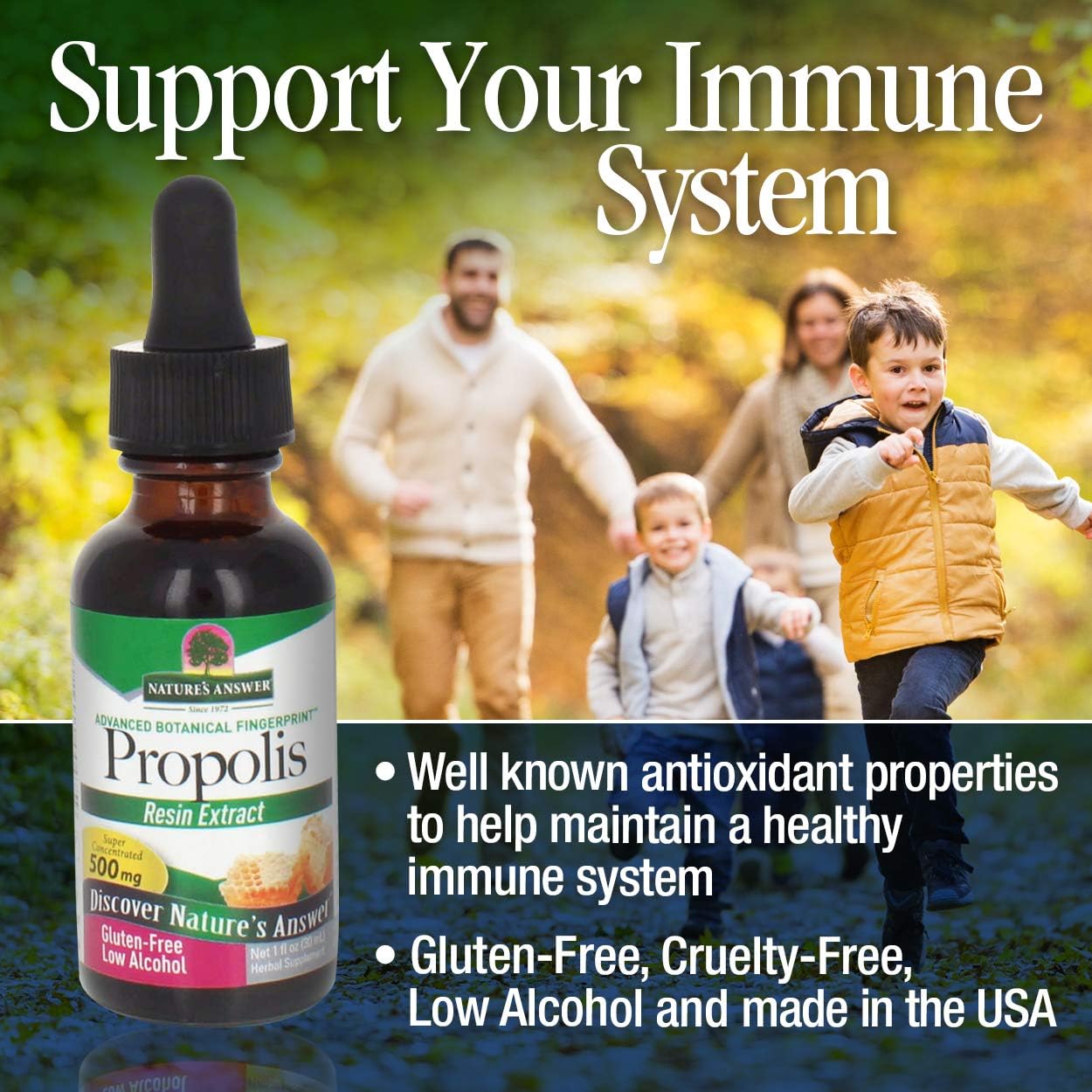Nature's Answer Propolis bottle with family in a park background, promoting immune support.