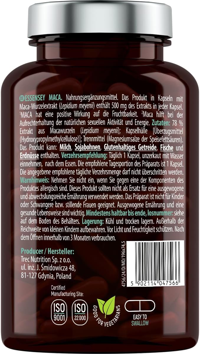 Product label showing ingredients and details for Essensey Maca Root capsules and barcode.