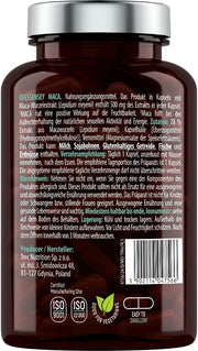 Product label showing ingredients and details for Essensey Maca Root capsules and barcode.