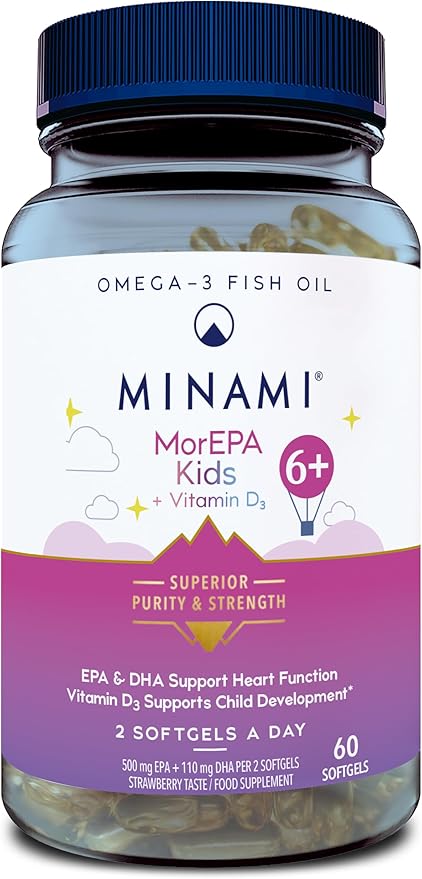 Minami MorEPA Kids 6+ strawberry flavored omega-3 and vitamin D3 softgels, 60 count bottle.