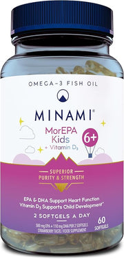 Minami MorEPA Kids 6+ strawberry flavored omega-3 and vitamin D3 softgels, 60 count bottle.