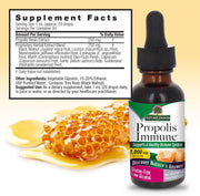 Nature's Answer Propolis Immune supplement bottle with honeycomb and honey on a white background