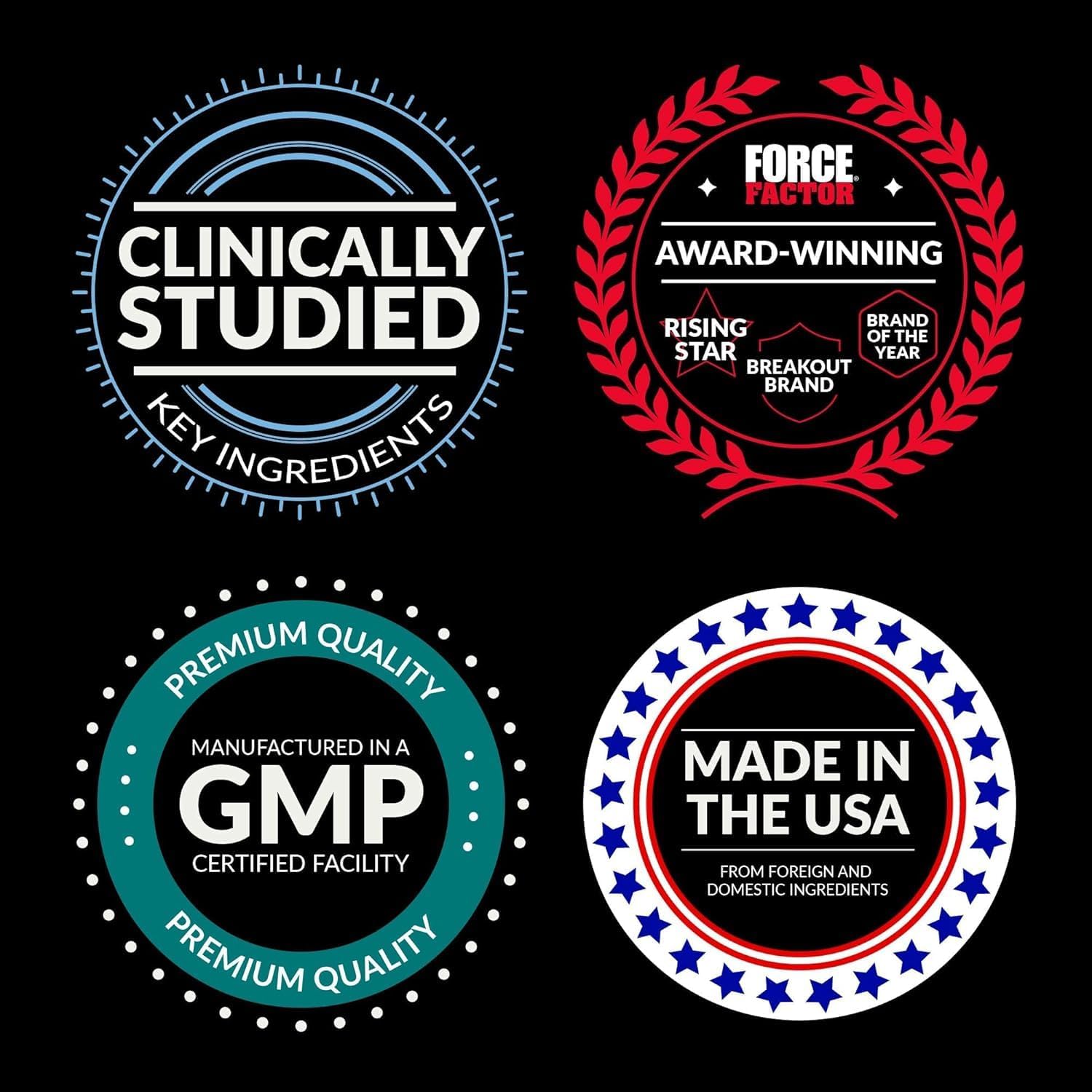 Four product certification badges on a black background