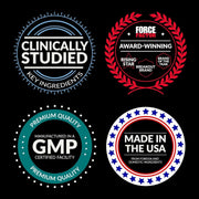 Four product certification badges on a black background