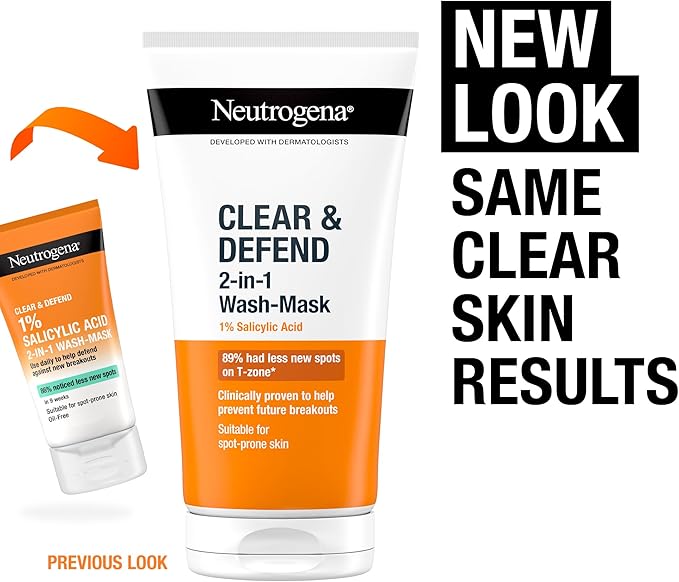 Neutrogena Clear & Defend 2-in-1 Wash & Mask 150ml - 1% Salicylic Acid Formula new look