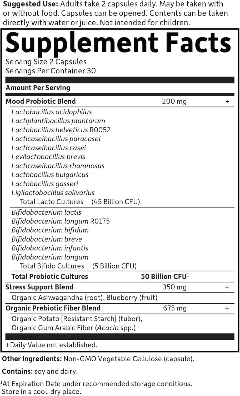 Garden of Life Probiotics Mood+ bottle with vegetarian capsules supplement fact
