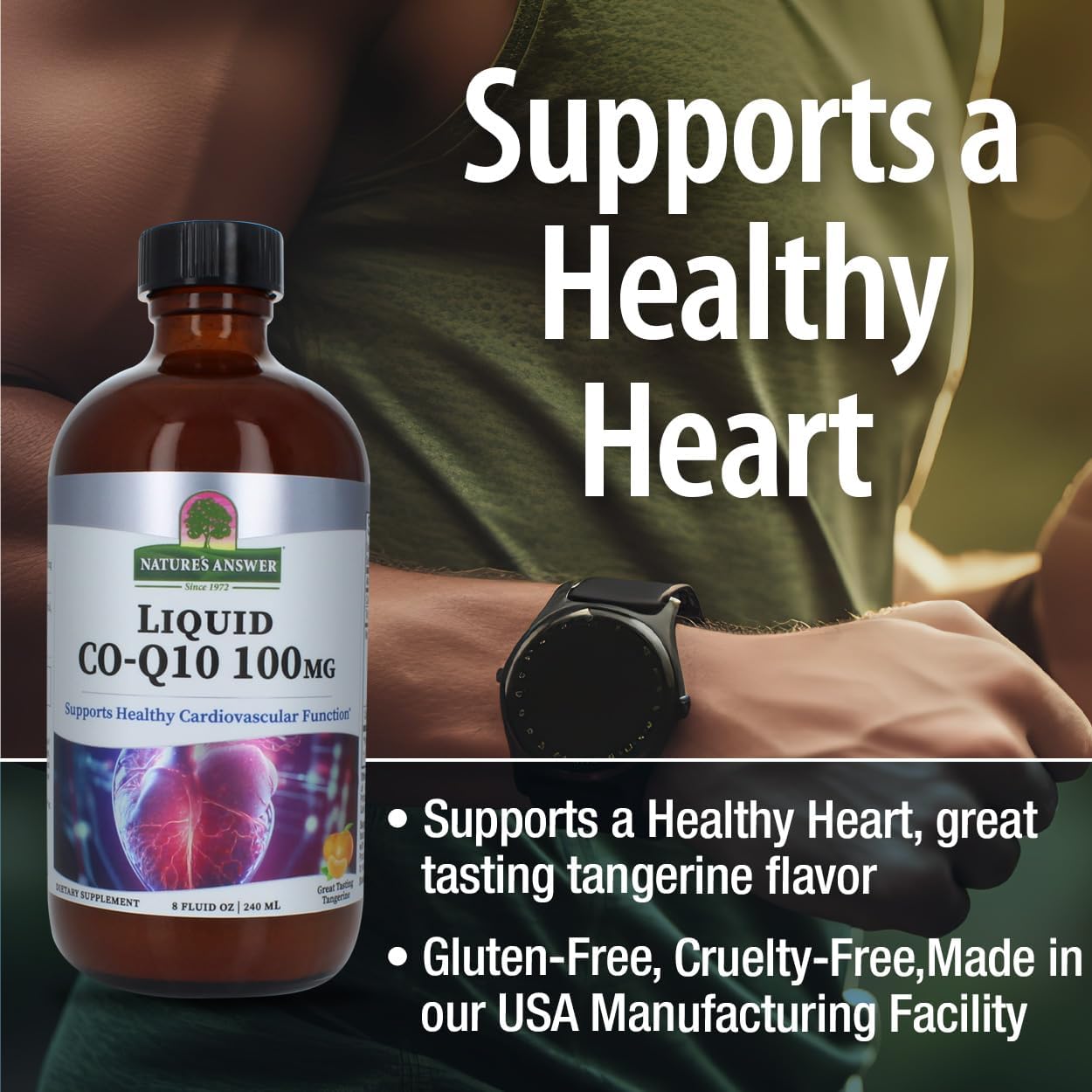 Nature's Answer Liquid Co-Q10 100mg bottle with promotional text about heart health.