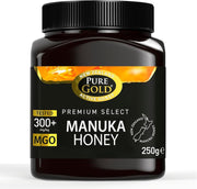 Front image: Pure Gold Manuka honey MGO 300 plus jar raw honey 250g