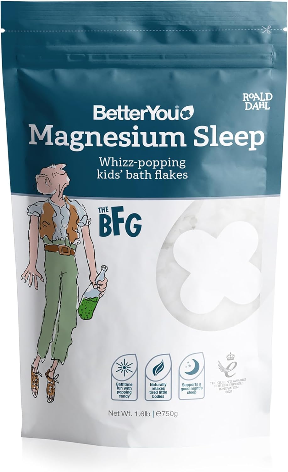 BetterYou Magnesium Whizz-Popping Kids Bath Flakes bag, 750g, on white background.